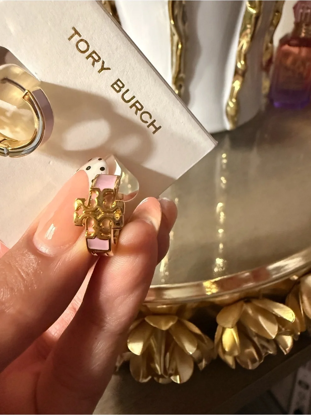 Tory Burch Pink and Gold Enamel Logo Hoop Huggie Earrings